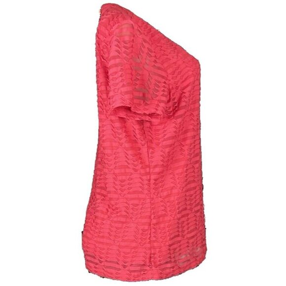 Calvin Klein L Red Coral Sheer Textured Inlay Lined Scoop Neck Short Sleeve Top - Picture 5 of 6